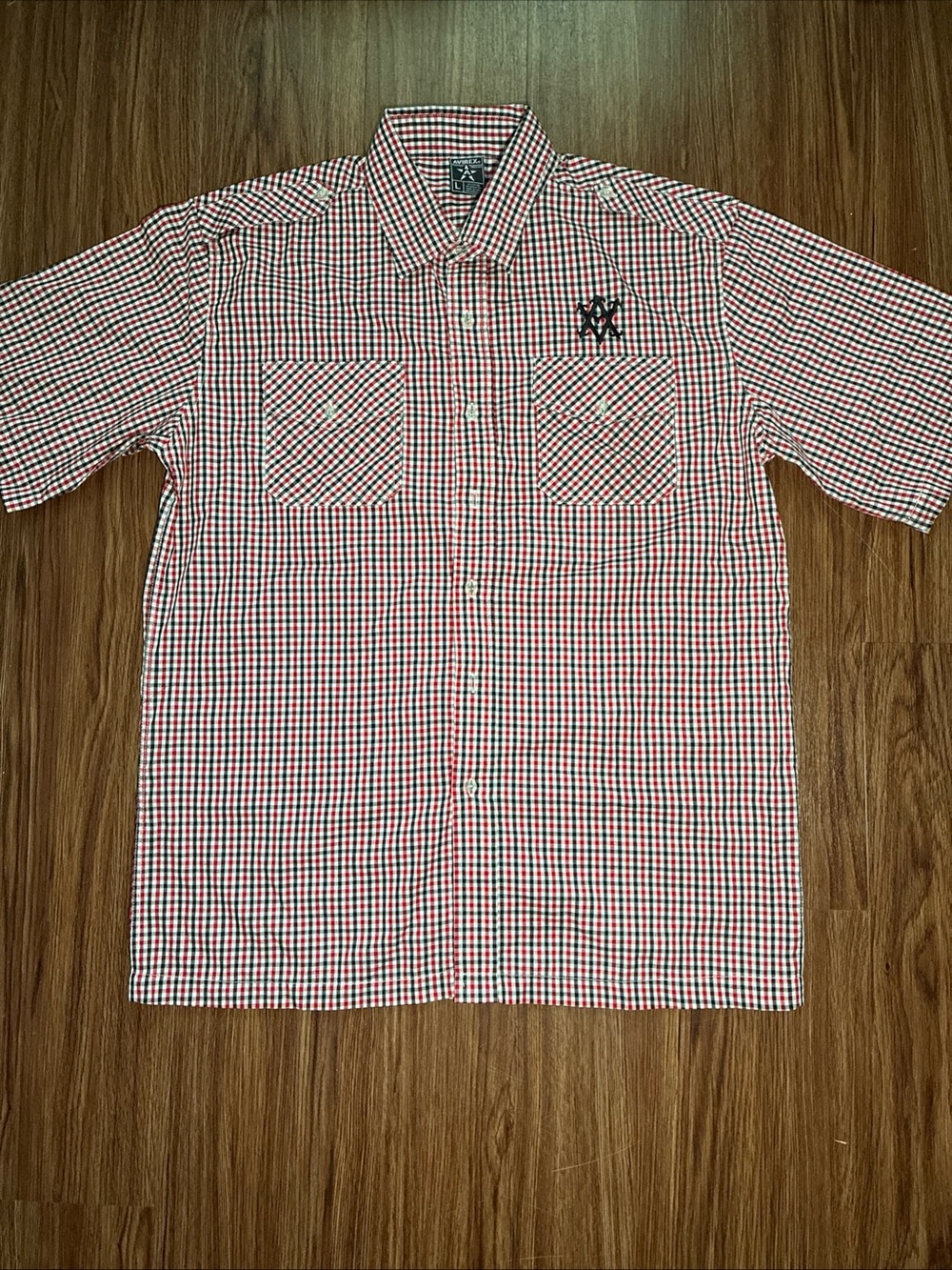 Avirex Button Up Shirt Men Large  Red Black White Plaid Short Sleeve Cotton